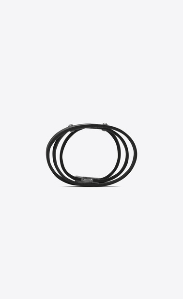 Bracelet fin ID multi tour en cuir noir et métal